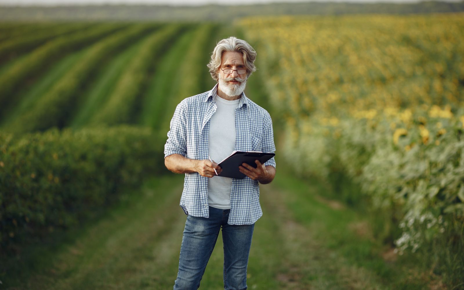Produtor rural usando tablet no campo, atendido por associação
